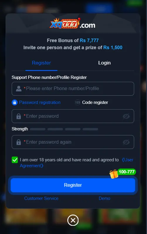 XQ777 Game Registration Login Page